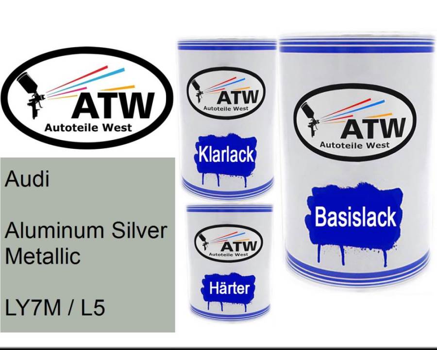 Audi, Aluminum Silver Metallic, LY7M / L5: 500ml Lackdose + 500ml Klarlack + 250ml Härter - Set, von ATW Autoteile West.